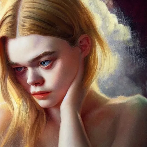 Image similar to ultra realistic portrait painting of elle fanning in euphoria, art by frank frazetta, 4 k, ultra realistic, highly detailed, epic lighting