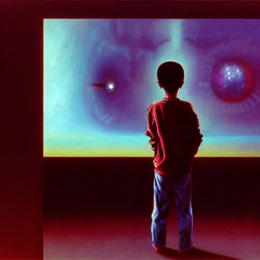 Prompt: 8k professional photo of an 8 years old enlightened and scared boy standing in front of an old computer from 90s with a game doom2 at the monitor screen in a vr vaporwave space, Beksinski impasto painting, part by Adrian Ghenie and Gerhard Richter. art by Takato Yamamoto, masterpiece. still from a movie by Gaspar Noe and James Cameron