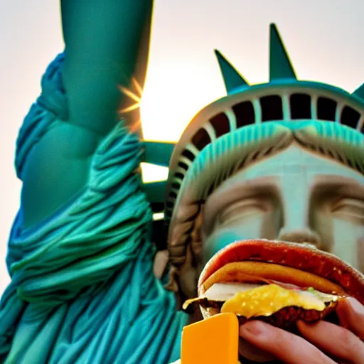 Image similar to statue of liberty eating a cheeseburger, golden hour, award winning photo, low angle