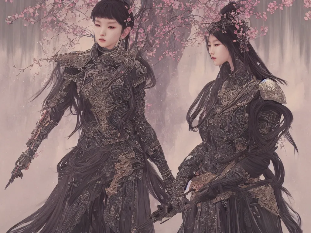 Image similar to portrait jisoo blackpink, grey hair armored samurai clothes, in fire japanese temple wet night, ssci - fi and fantasy, intricate and very very beautiful and elegant, highly detailed, digital painting, artstation, concept art, smooth and sharp focus, illustration, art by tian zi and wlop and alphonse mucha