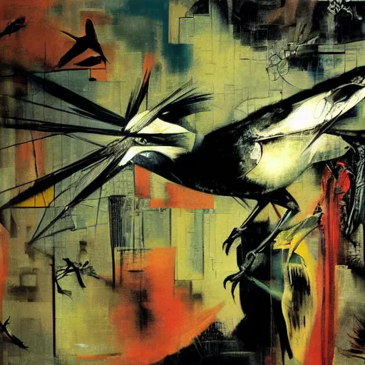 Image similar to the progressive rasterization of a bird, oil on canvas by dave mckean and yoji shinkawa and roberto matta