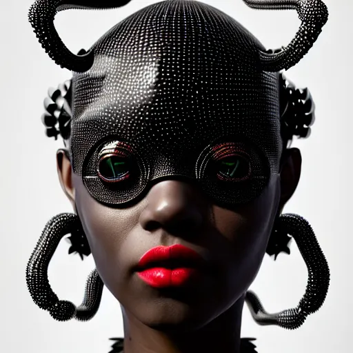 Image similar to portrait of an absurdly beautiful, graceful, sophisticated, fashionable black cyberpunk mechanoid gravure idol, hyperdetailed illustration by irakli nadar, adut akech, matt wisniewski style, intricate linework, dark black porcelain skin, jellyfish headdress, unreal engine 5 highly rendered, global illumination, red light, detailed and intricate environment