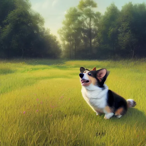 Prompt: adorable corgi puppy, meadow background, hyperrealistic, extremely lifelike, highly detailed digital illustration by greg rutkowski, artgerm, moebius, ruan jia, makoto shinkai, simon stalenhag, trending on artstation, masterpiece, award - winning, 8 k