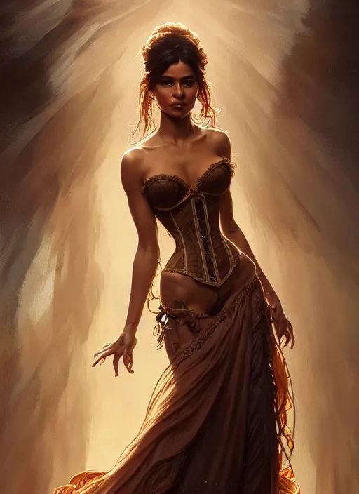 Image similar to cute brown woman wearing a translucent corset dress, fantasy, intricate, highly detailed, digital painting, artstation, concept art, wallpaper, smooth, sharp focus, illustration, art by artgerm and greg rutkowski and alphonse mucha