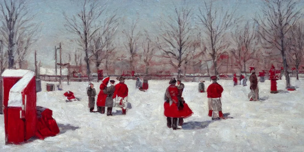 Prompt: a big circus in the snow ground, oil painting, red and white color, no people