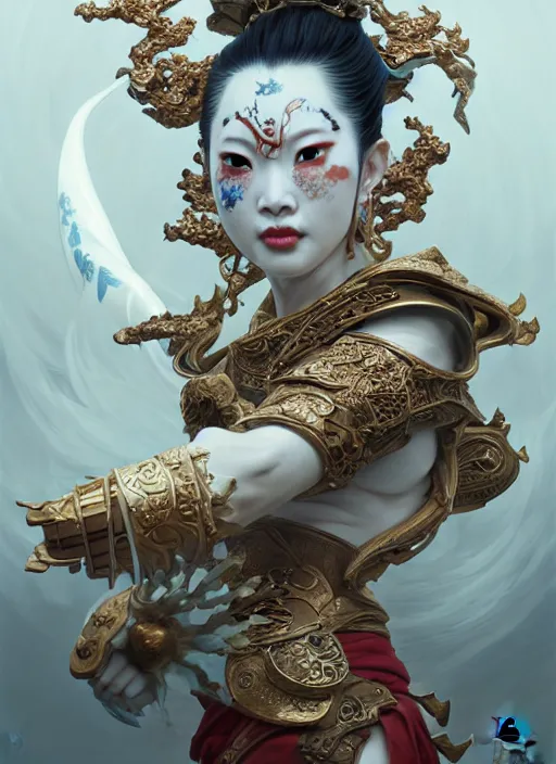 Image similar to subsurface scattering, white, koi, female samurai deity with filigree ivory armor, by jesper ejsing, james jean, justin gerard, tomasz alen kopera, cgsociety and fenghua zhong, highly detailed, rim light, cinematic lighting, illustration, art, octane render, very coherent, cinematic, hyper realism, high detail, 8 k