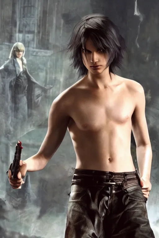 Prompt: frank dillane as young dante from devil may cry 3, detailed, full body, shirtless