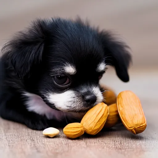 Image similar to A tiny dog sitting on a peanut