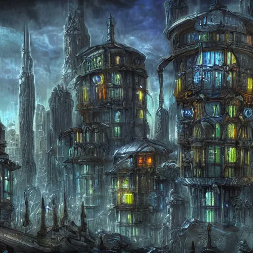 Prompt: planescape art style city wallpaper