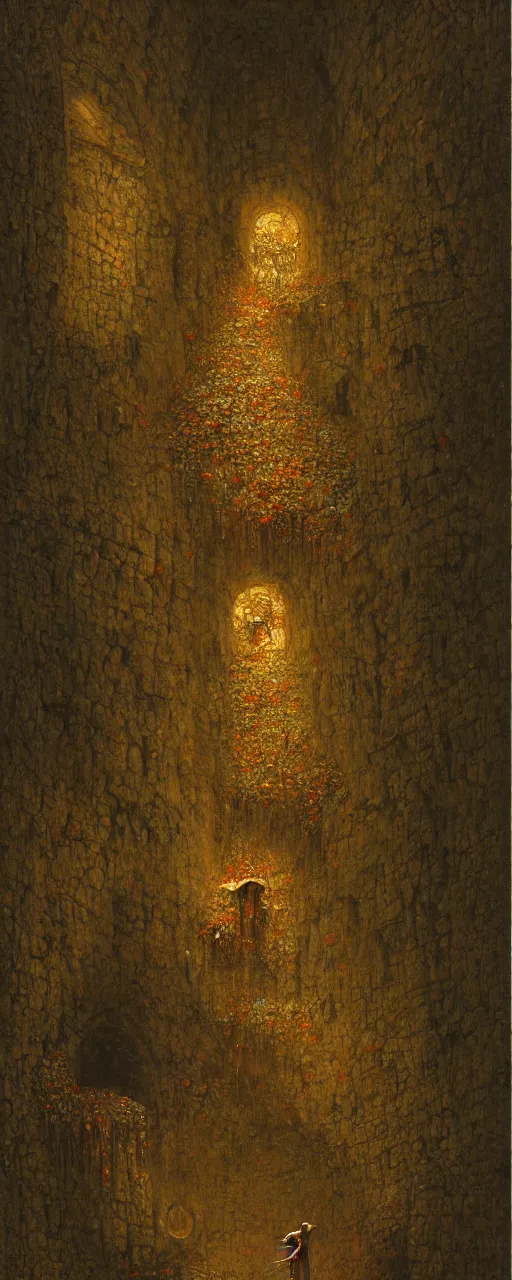 Image similar to a golemn tending to a intricate dried flower in a dungeon, zdzislaw beksinski, arthur rachham, interior, 8 k, artstation