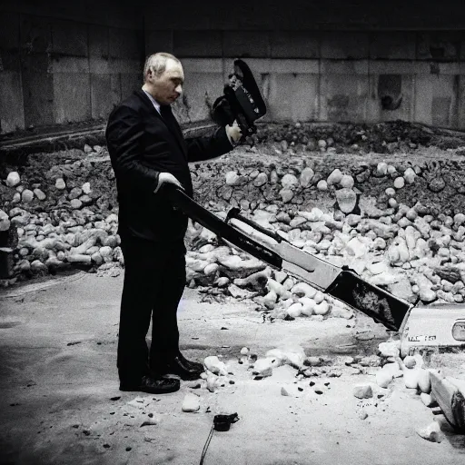 Image similar to putin with a chainsaw. in a concrete bunker with a pile of corpses. focus on putins face with blood splatters. canon eos r 3, f / 1. 4, iso 1 6 0 0, 1 / 8 0 s, 8 k, raw, grainy