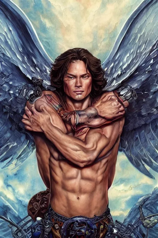 Prompt: muscular Sam Winchester as an angel with religious tattoos on chest and neck, with glowing runes on the body, urban fantasy book cover style, D&D dark fantasy style, sharp focus, ultra detailed, art by Artgerm and Peter Andrew Jones, Karol Bak, Ayami Kojima, Amano and Olivier Ledroit