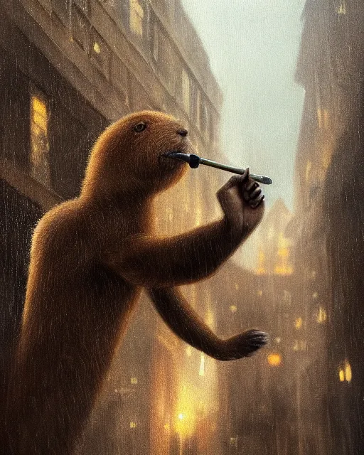 Image similar to oil painting of anthropomorphized capybara holding a smoking pipe, detective clothes, close shot, full body, old london raining background, sharp focus, fantasy style, octane render, volumetric lighting, 8k high definition, by greg rutkowski, highly detailed, trending on art Station, dungeons and dragons artwork, centered