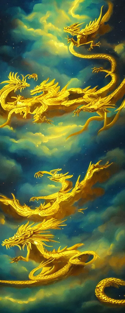 Image similar to beautiful oil painting of golden eastern dragons in sky, green lightning, night clouds, above forest, landscape shot