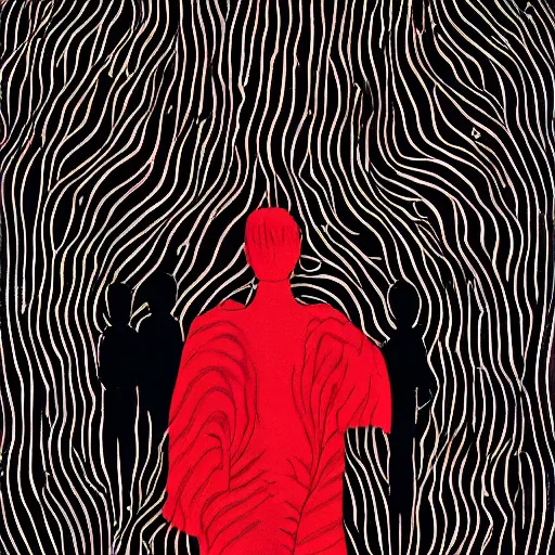 Prompt: A beautiful illustration of a small figure standing in the center of a dark, foreboding landscape. The figure is surrounded by strange, monstrous creatures, and there is a feeling of unease and dread. red, alhambresque by Lyubov Popova, by Ryan McGinley rich details