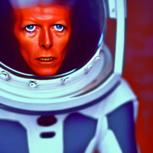 Prompt: film still of David Bowie as David Bowman, his space suit is orange in 2001 a space odyssey, 4k