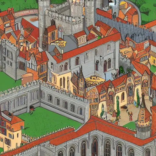 Prompt: an isometric view of crowded medieval castle in the middle of england, illustration, art, hyper detailed, foggy, cinematic