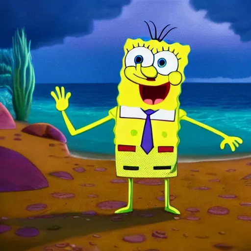 Image similar to SpongeBob squarepants, perfect eyes, full body shot, portrait, vivid colors, elegant, concept art, sharp focus, digital art, Hyper-realistic, 4K, Unreal Engine, Highly Detailed, HD, Dramatic Lighting by Brom, trending on Artstation