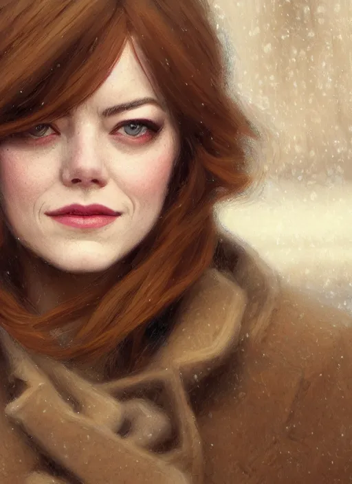 Image similar to emma stone in beige coat, close up portrait, winter new york, snow, artwork by gaston bussiere, craig mullins, trending on artstation