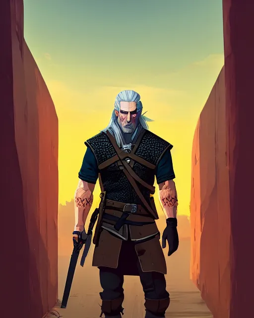 Image similar to portrait of geralt the witcher, gta san andreas cover art, borderlands style, celshading, trending on artstation, by rhads, andreas rocha, rossdraws, makoto shinkai, laurie greasley, lois van baarle, ilya kuvshinov and greg rutkowski