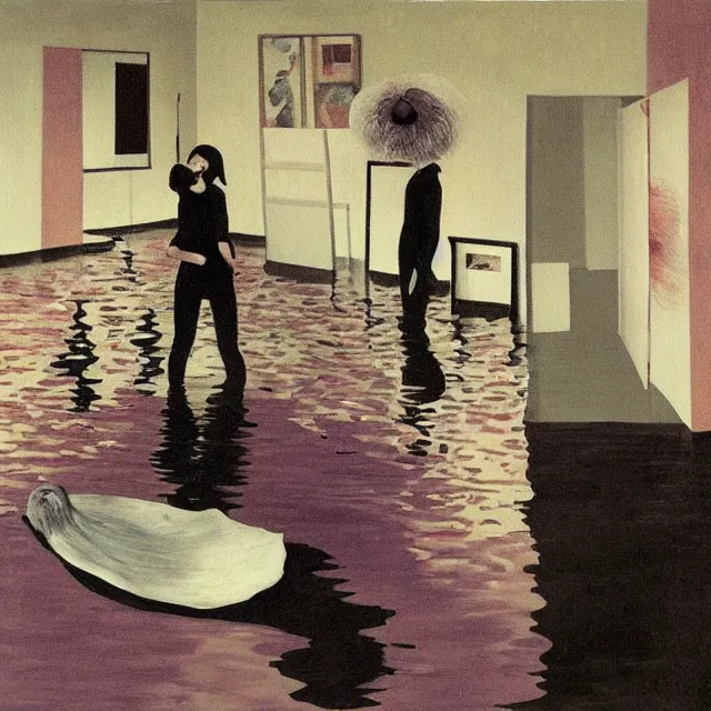 Prompt: tall female emo artists in their flooded apartment, water gushing from ceiling, painting of flood waters inside an artist's home, a river flooding indoors, pomegranates, pigs, ikebana, zen, water, octopus, river, rapids, waterfall, black swans, canoe, berries, acrylic on canvas, surrealist, by magritte and monet