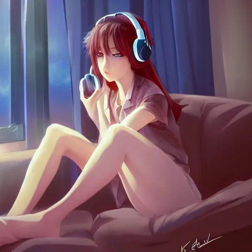 Prompt: anime beautiful girl sits on the sofa and listens to music, the sun shines through the window, clear face, beautiful body, dream light, highly detailed, 8 k, pixiv, in style of kyoto animation, art by artgerm and cushart krenz