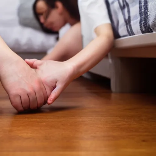 Prompt: dozens of dry hands crawl out from under the bed