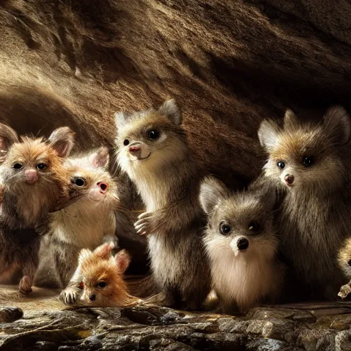 Prompt: several species of small furry animals gathered together in a cave and grooving with a pict, hyper detailed, dramatic lighting, cgsociety, realistic, hyper detailed, insane details, intricate, dramatic lighting, hypermaximalist, golden ratio, rule of thirds, octane render, weta digital, micro details, ultra wide angle, artstation trending, 8 k,