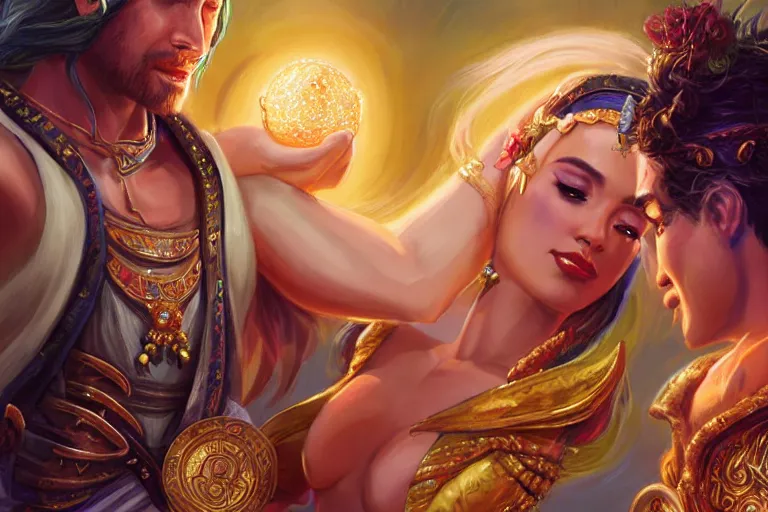 Image similar to close up moment of a divine a sun god and a moon goddess lovers magician at a wedding banquet, highly detailed, d & d, fantasy, highly detailed, digital painting, trending on artstation, concept art, sharp focus, illustration, art by artgerm and daniel gerhartz and magali villeneuve