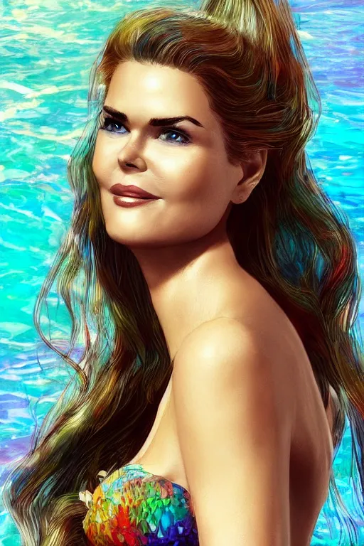 Image similar to mix of beautiful young maria shriver, mariel hemmingway, brooke shields, nicole kidman and elle macpherson as a mermaid, thin lips, hair tied up in a pony tail, darke blonde hair, colorful, artstation, cgsociety
