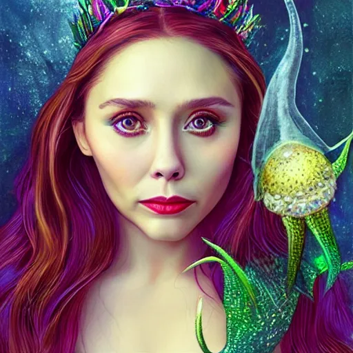 Image similar to “ elizabeth olsen portrait, fantasy, mermaid, hyperrealistic, highly detailed, cinematic lighting, pearls, glowing hair, shells, gills, crown, water, highlights, starfish, goddess, jewelry, realistic, digital art, pastel, magic, fiction, ocean, game, queen, colorful hair, sparkly eyes, fish, romantic, goddess, waves, bubbles ”