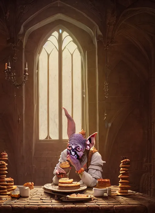 Image similar to highly detailed portrait of a medieval goblin eating cakes in a castle, stephen bliss, unreal engine, greg rutkowski, loish, rhads, beeple, makoto shinkai and lois van baarle, ilya kuvshinov, rossdraws, tom bagshaw, tom whalen, alphonse mucha, global illumination, god rays, detailed and intricate environment