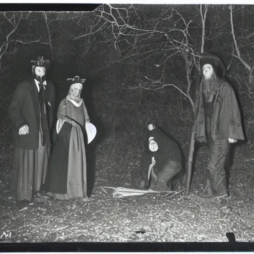 Image similar to shadow people at an occult alter in the woods vintage photo