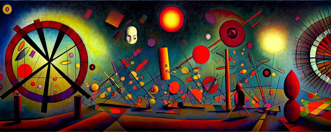 Image similar to hedonic treadmill, dark uncanny surreal painting by ronny khalil, shaun tan, and kandinsky, ixions wheel