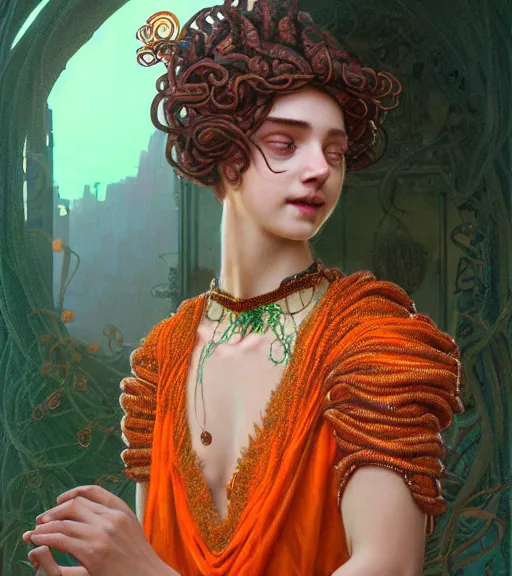 Image similar to portrait of teenage medusa, snake hair, naughty smile, wearing an embroidered orange tunic, intricate, elegant, copper and emerald jewelry, glowing lights, seductive. highly detailed, digital painting, artstation, concept art, smooth, sharp focus, illustration, art by wlop, sensual, mucha, artgerm, and greg rutkowski