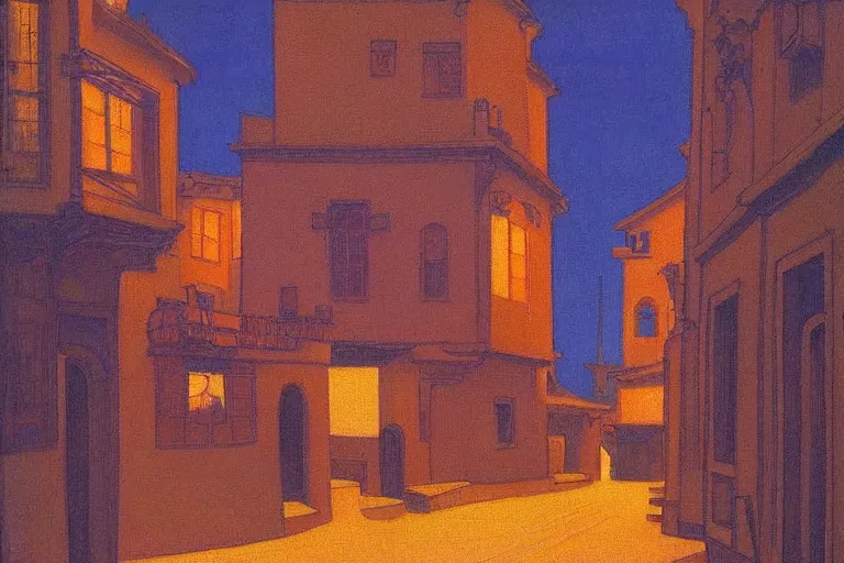 Prompt: winding street at twilight in a very old very beautiful city by George Price Boyce and Nicholas Roerich and jean delville, glowing paper lanterns, strong dramatic cinematic lighting , ornate tiled architecture, lost civilizations, smooth, sharp focus, extremely detailed