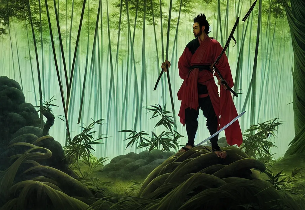 Image similar to yasuo the ancient swordsman gazing upon the world he has created while its raining in a bamboo forest, futuristic sci fi landscape background by denis villeneuve, monia merlo, yves tanguy, ernst haeckel, alphonse mucha, max ernst, caravaggio, roger dean, sci fi necklace, masterpiece