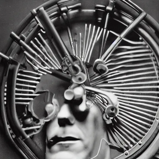 Prompt: a close - up mechanical portrait of marcel duchamp in the style of hito steyerl and shinya tsukamoto and irving penn