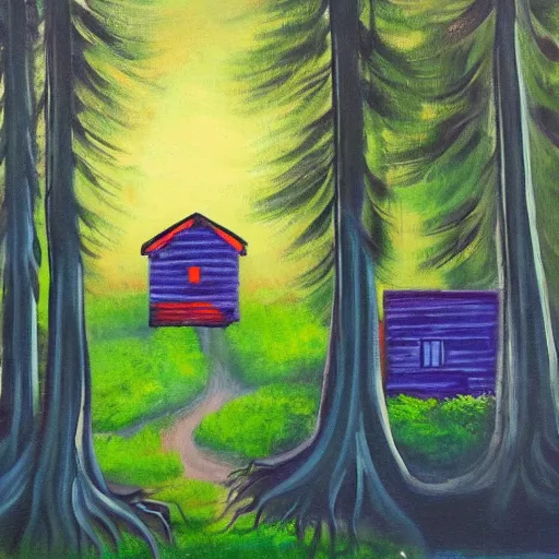 Prompt: a painting of a eerie cabin in the middle of the woods in the style of a kindergarten finger painting