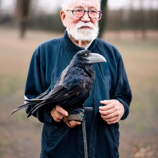 Prompt: an elderly man holding a raven, canon eos r 3, f / 1. 4, iso 2 0 0, 1 / 1 6 0 s, 8 k, raw, unedited, symmetrical balance, in - frame