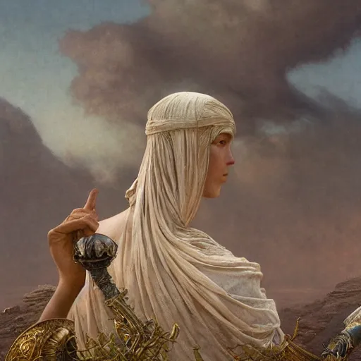 Image similar to From the head of Zeus birth of Athena, hyperrealism, no blur, 4k resolution, ultra detailed, style of Greg Rutkowski, Carlos Schwabe, Dragan Bibin, Carl Spitzweg, Georges Desvallières, Tyler Edlin