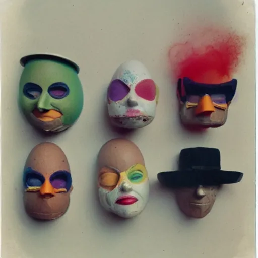 Prompt: polaroid of figures made from coloured smoke and eggshells, wearing funny hats and huge masks