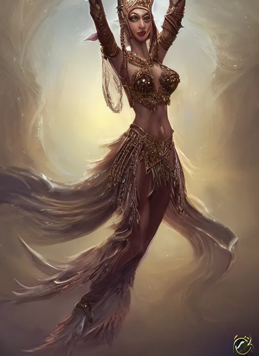 Image similar to a highly detailed illustration of an elegant elf arabian dancer, gracefully belly dancing pose, waving arms, high fantasy, intricate, elegant, highly detailed, centered, digital painting, artstation, concept art, smooth, sharp focus, league of legends concept art, WLOP