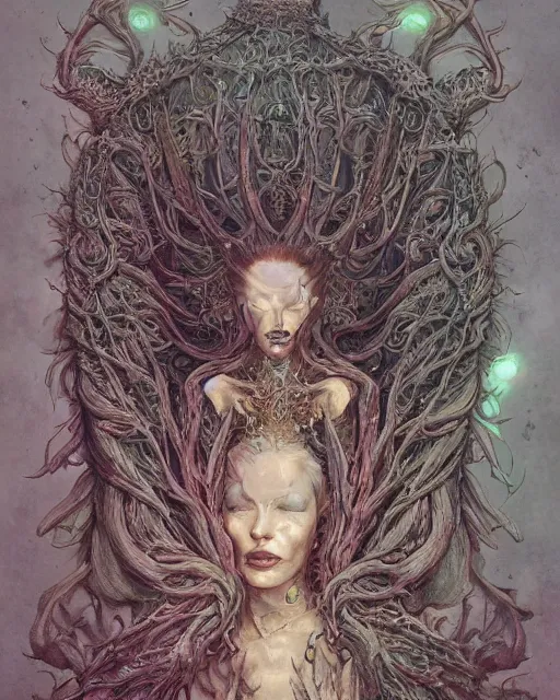 Image similar to a beautiful detailed front view portrait of a dead rotten princess with ornate growing around, ornamentation, elegant, beautifully soft lit, by wayne barlowe, peter mohrbacher, kelly mckernan