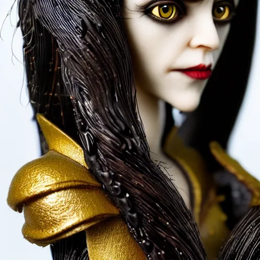 Image similar to photo taken of an epic intricate, ultra detailed, super realistic stop motion puppet of a majestic gracious regal aristocratic brunette female vampire created by weta workshop, menacing, wide angle, full body shots, photorealistic, sharp focus, white wall, extremely cold blueish colour temperature, 3 5 mm, f 1. 4, golden ratio