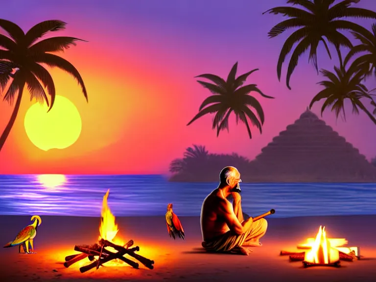 Image similar to gandhi sitting on a beach next to a campfire with palm trees in the back, holding a cigar, sunset, surrounded by different animals, parrots, turtle, lizard, crab, coconuts,, glorious lighting, epic environment, highly detailed, digital art, hyper realistic, beautiful, 8 k
