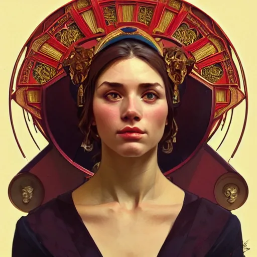 Image similar to a portrait of a female, upper half portrait, decorated with soviet motifs, russian soviet motifs, soviet, traditional russia, intricate, elegant, highly detailed, symmetry, headpiece, digital painting, artstation concept art smooth sharp focus, illustration, art by artgerm and greg rutkowski alphonse mucha 8 k