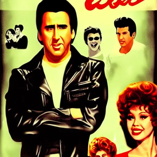 Image similar to a film poster of grease with Nicolas cage, realism, film grain