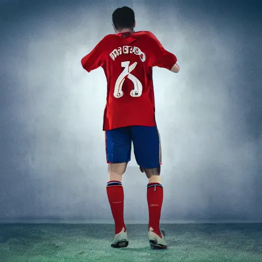 Prompt: a photography of Lionel Messi wearing a Bayern Munich jersey, red background, full body shot, studio lighting, realistic