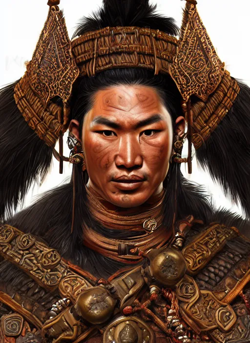 Prompt: tai warlord, closeup portrait, historical, ethnic group, traditional costume, bronze thai 👑, leather shoulder armor, fantasy, intricate, with dong son bronze artifacts, beads cross onbare chest, elegant, loin cloth, highly detailed, oill painting, artstation, concept art, matte, sharp focus, illustration, hearthstone, art by earl norem